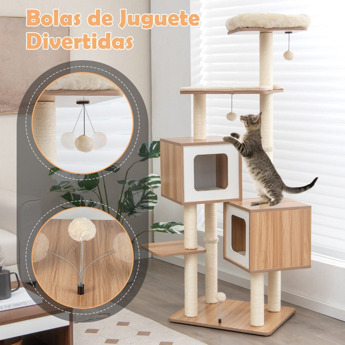 Árbol para Gatos de Múltiples Niveles con 2 Condominios y Cojines Lavables - Dimensiones: 58 x 65.5 x 163 cm, Color Natural
