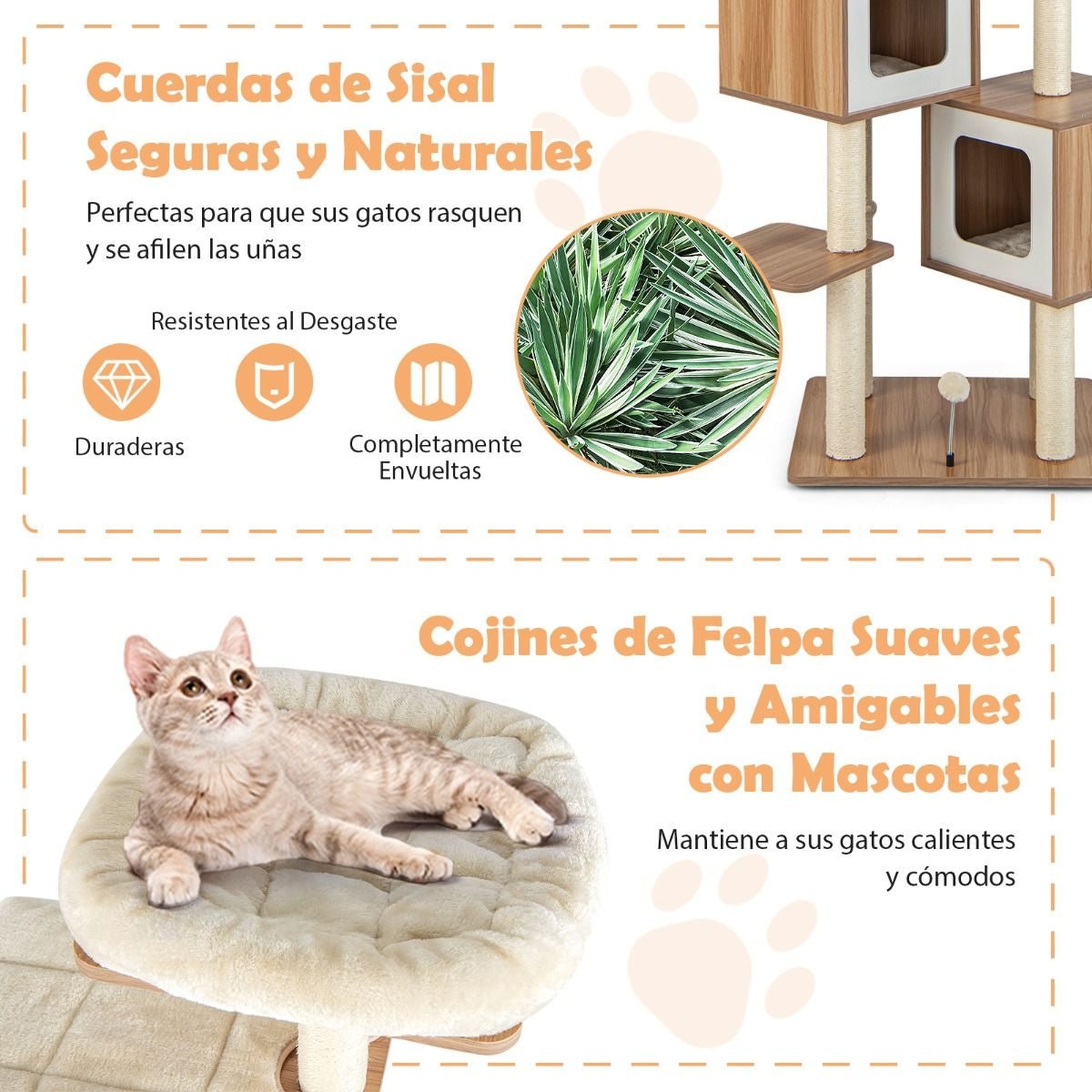 Árbol para Gatos de Múltiples Niveles con 2 Condominios y Cojines Lavables - Dimensiones: 58 x 65.5 x 163 cm, Color Natural
