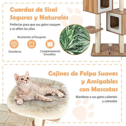Árbol para Gatos de Múltiples Niveles con 2 Condominios y Cojines Lavables - Dimensiones: 58 x 65.5 x 163 cm, Color Natural
