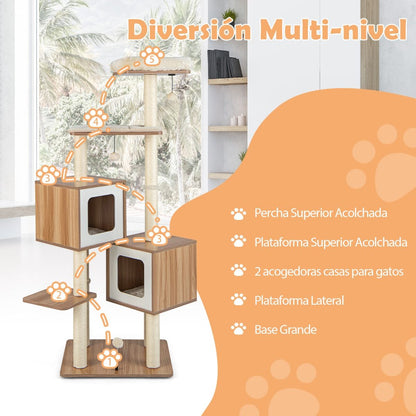 Árbol para Gatos de Múltiples Niveles con 2 Condominios y Cojines Lavables - Dimensiones: 58 x 65.5 x 163 cm, Color Natural