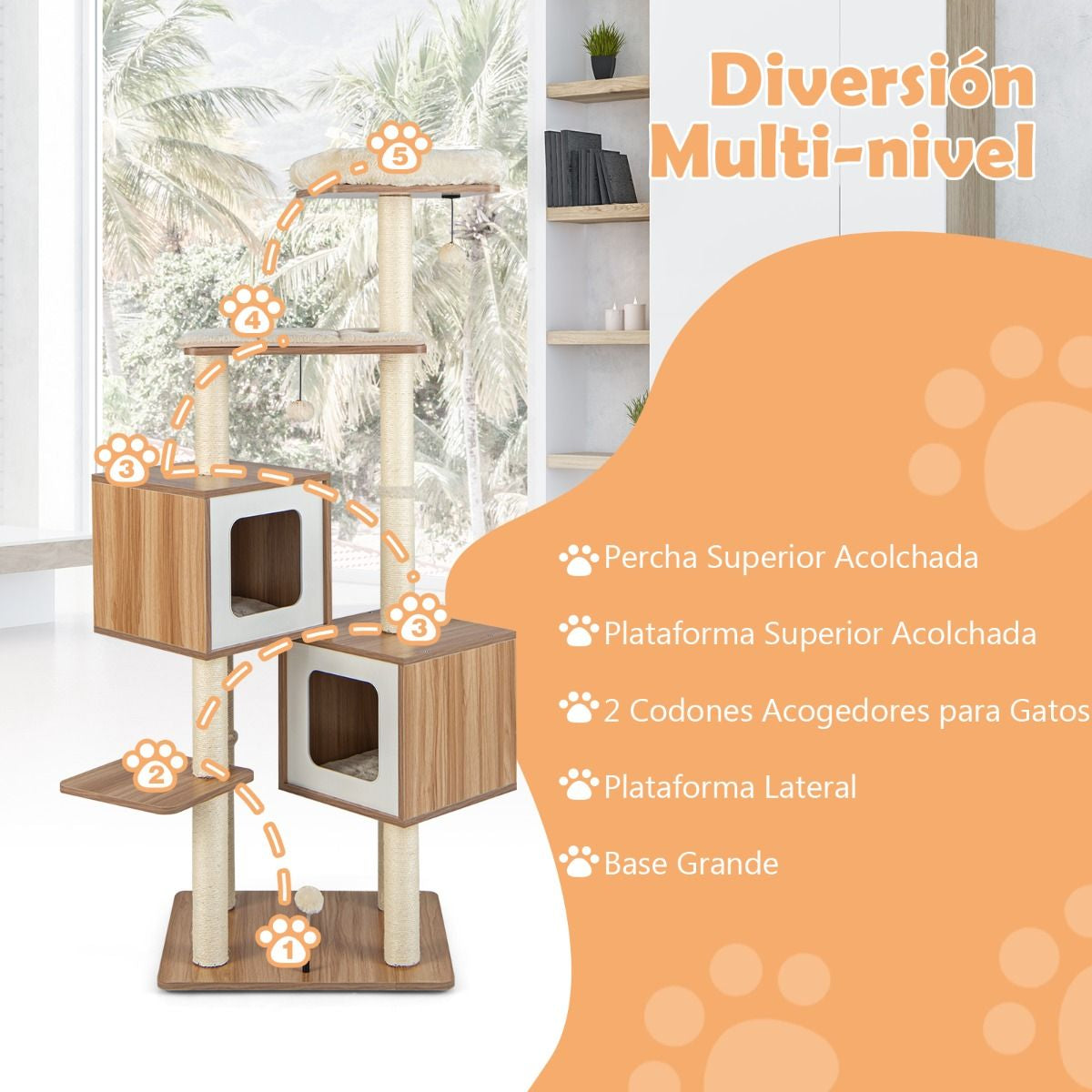 Árbol para Gatos de Múltiples Niveles con 2 Condominios y Cojines Lavables - Dimensiones: 58 x 65.5 x 163 cm, Color Natural