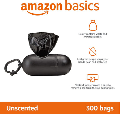 Dog Poop/Waste Bags with Dispenser and Leash Clip, Unscented, 300 Bags (20 Packs of 15 Bags)