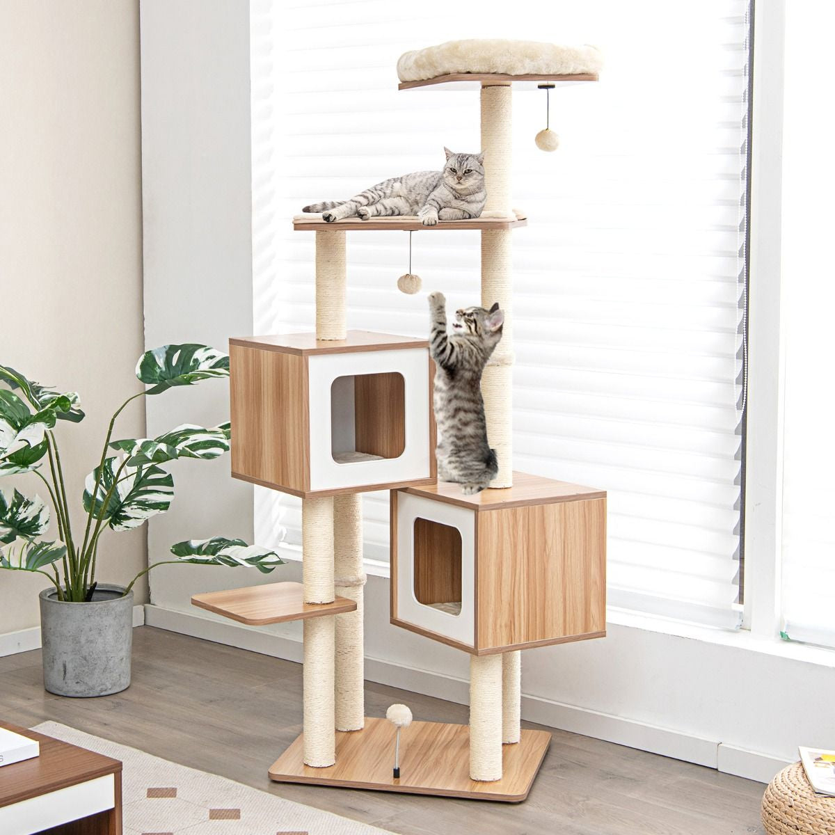 Árbol para Gatos de Múltiples Niveles con 2 Condominios y Cojines Lavables - Dimensiones: 58 x 65.5 x 163 cm, Color Natural