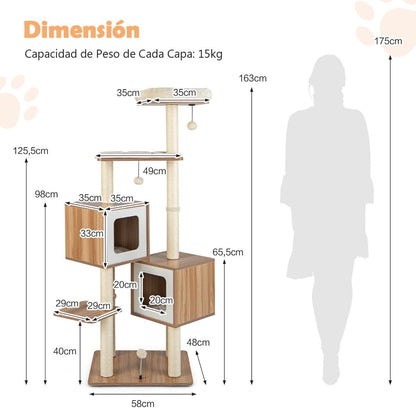Árbol para Gatos de Múltiples Niveles con 2 Condominios y Cojines Lavables - Dimensiones: 58 x 65.5 x 163 cm, Color Natural