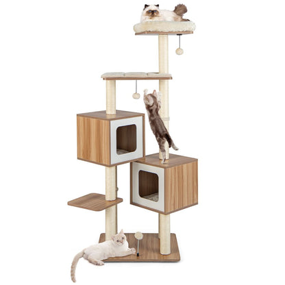 Árbol para Gatos de Múltiples Niveles con 2 Condominios y Cojines Lavables - Dimensiones: 58 x 65.5 x 163 cm, Color Natural