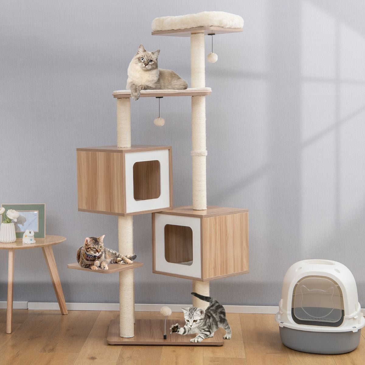 Árbol para Gatos de Múltiples Niveles con 2 Condominios y Cojines Lavables - Dimensiones: 58 x 65.5 x 163 cm, Color Natural