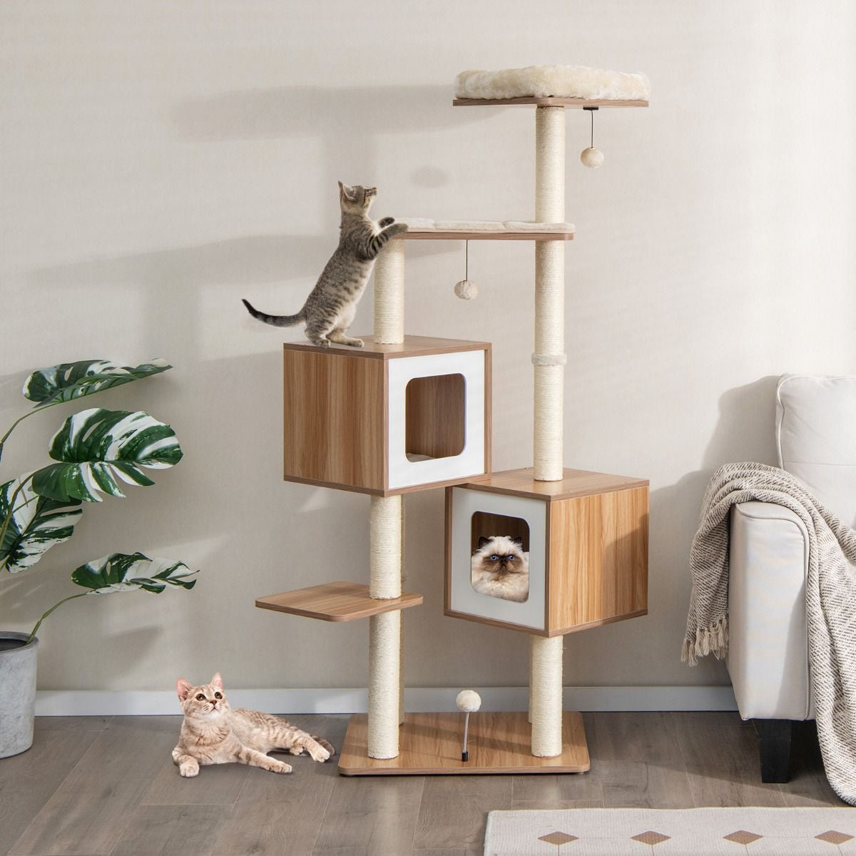 Árbol para Gatos de Múltiples Niveles con 2 Condominios y Cojines Lavables - Dimensiones: 58 x 65.5 x 163 cm, Color Natural