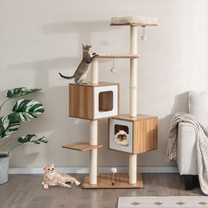 Árbol para Gatos de Múltiples Niveles con 2 Condominios y Cojines Lavables - Dimensiones: 58 x 65.5 x 163 cm, Color Natural
