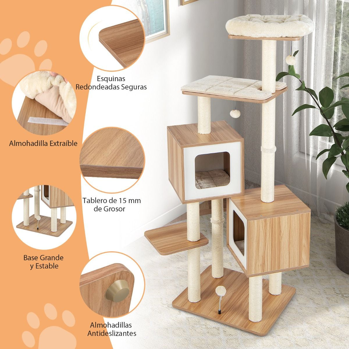 Árbol para Gatos de Múltiples Niveles con 2 Condominios y Cojines Lavables - Dimensiones: 58 x 65.5 x 163 cm, Color Natural